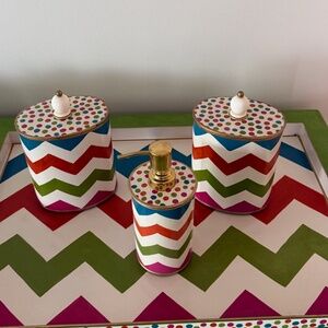 Mackenzie-Childs Trampoline Cotton Boxes (2) + Soap Dispenser Set Selling as Set